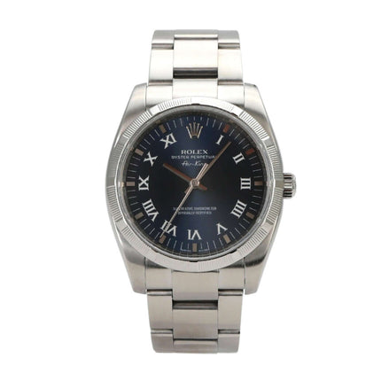 Rolex Oyster Perpetual 34 Blau Römisch 114210 mit blauem Zifferblatt und Edelstahl Armband