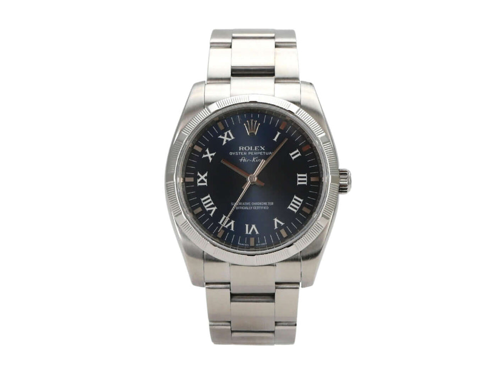 Rolex Oyster Perpetual 34 Blau Römisch 114210 mit blauem Zifferblatt und Edelstahl Armband