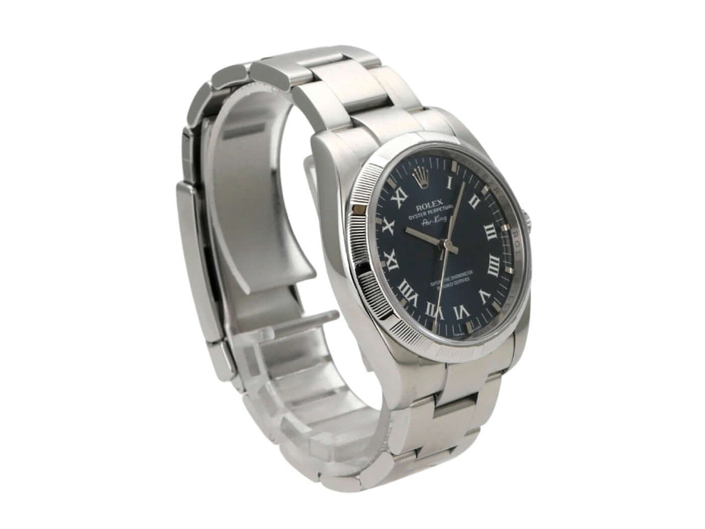 Rolex Oyster Perpetual 34 Blau Römisch 114210 mit Edelstahlgehäuse und blauem Zifferblatt, sehr guter Zustand.