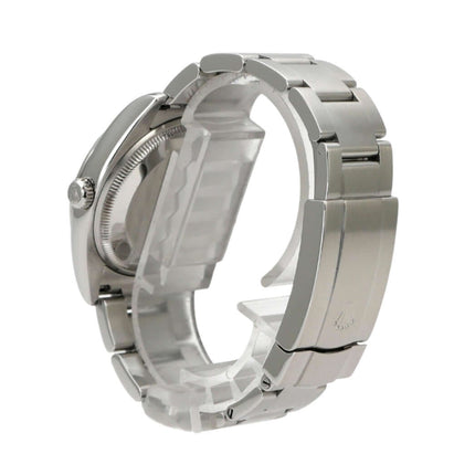 Rolex Oyster Perpetual 34 Blau Römisch 114210, Uhr mit Edelstahlarmband und Faltschließe, Detailansicht.