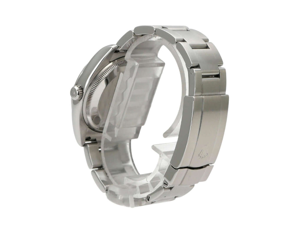 Rolex Oyster Perpetual 34 Blau Römisch 114210, Uhr mit Edelstahlarmband und Faltschließe, Detailansicht.