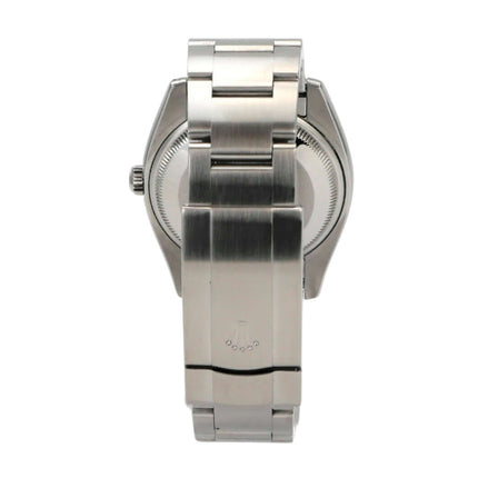 Rückansicht der Rolex Oyster Perpetual 34 Blau Römisch 114210 mit Edelstahlarmband und Faltschließe.