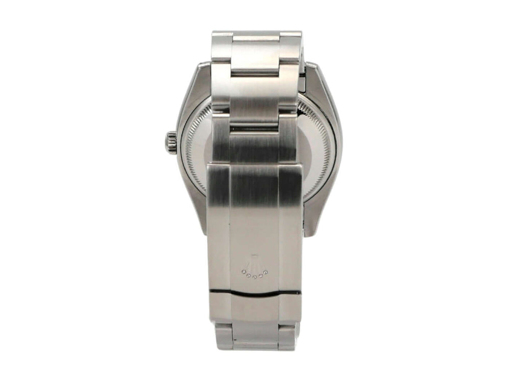 Rückansicht der Rolex Oyster Perpetual 34 Blau Römisch 114210 mit Edelstahlarmband und Faltschließe.