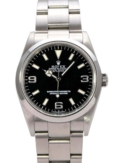 Rolex Explorer I Edelstahl 36 Ref. 114270 mit schwarzem Zifferblatt und Oyster-Edelstahlarmband.