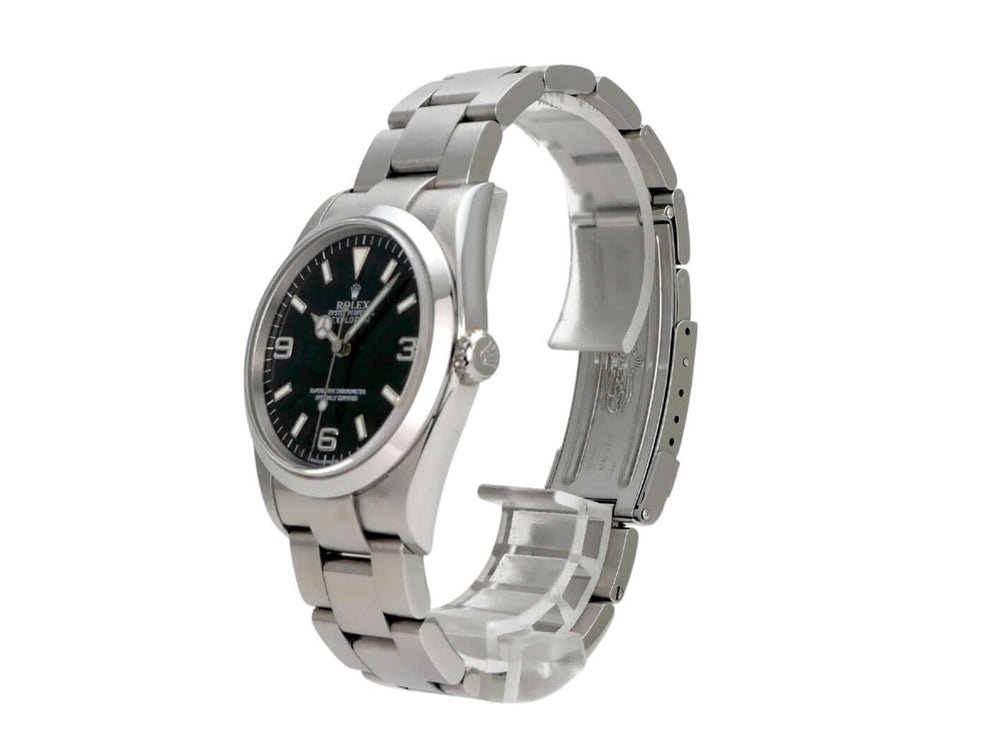 Rolex Explorer I Edelstahl 36 Ref. 114270 Uhr mit schwarzem Zifferblatt und Oyster-Edelstahlarmband.