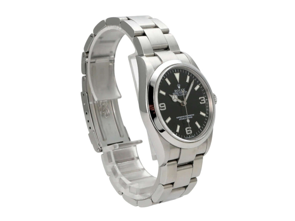 Rolex Explorer I Edelstahl 36 Ref. 114270 mit poliertem Edelstahlarmband und schwarzem Zifferblatt.