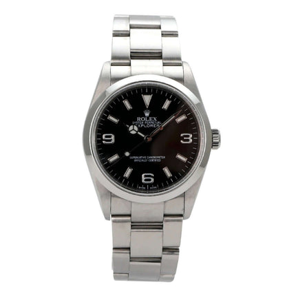 Rolex Explorer I Edelstahl 36 114270 mit poliertem Edelstahlarmband und schwarzem Zifferblatt.