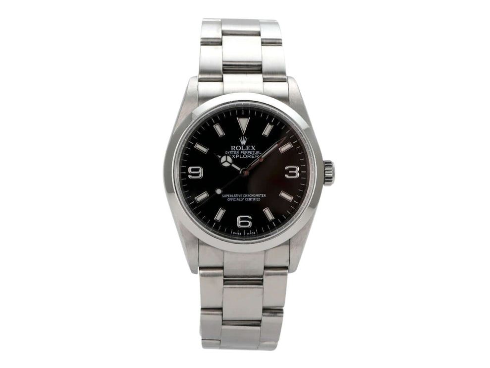 Rolex Explorer I Edelstahl 36 114270 mit poliertem Edelstahlarmband und schwarzem Zifferblatt.