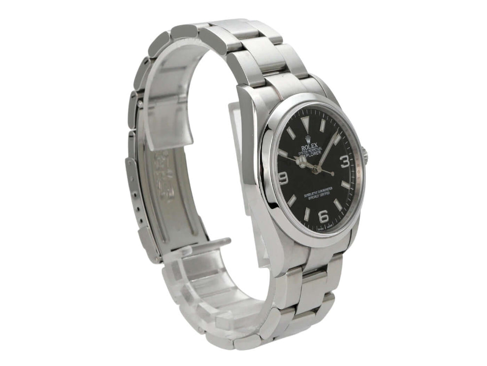 Rolex Explorer I Edelstahl 36 114270 mit schwarzem Zifferblatt und Edelstahlarmband, seitliche Ansicht.