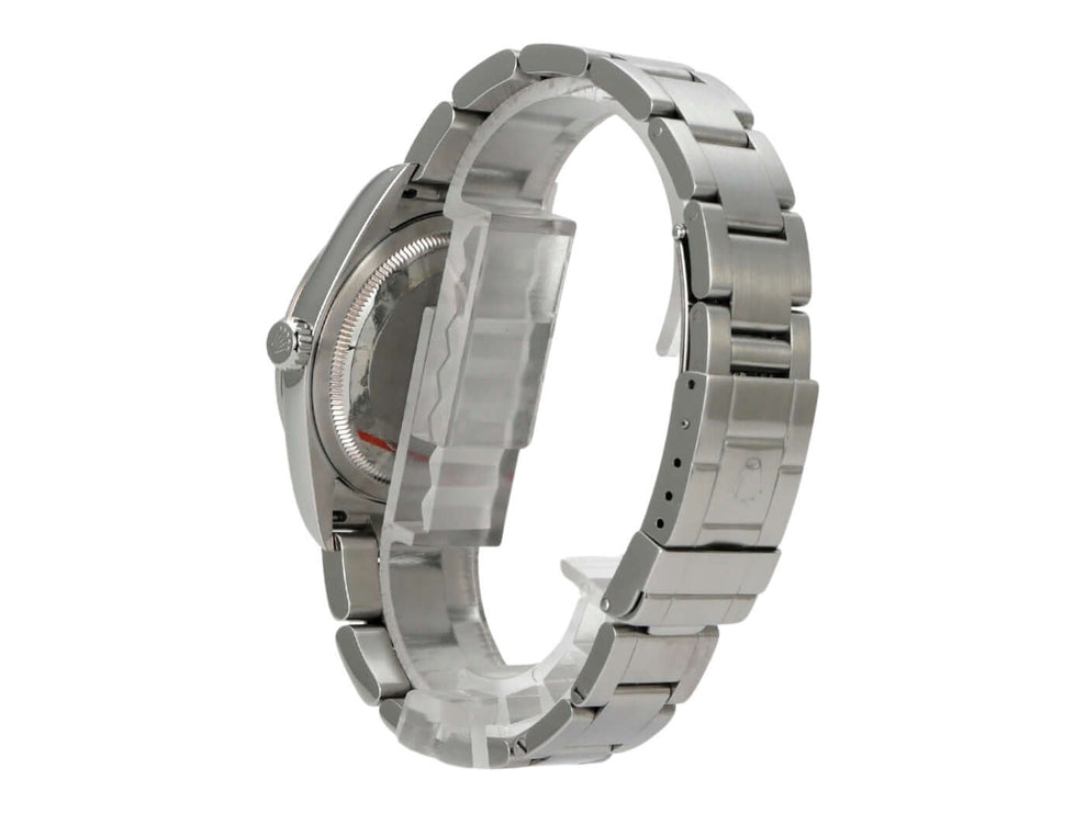 Rolex Explorer I Edelstahl 36 114270 Uhr seitlich mit poliertem und satiniertem Edelstahlarmband.