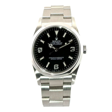 Rolex Explorer I Edelstahl 36 Ref. 114270 mit schwarzem Zifferblatt, poliertem Edelstahlgehäuse und Oyster-Armband.