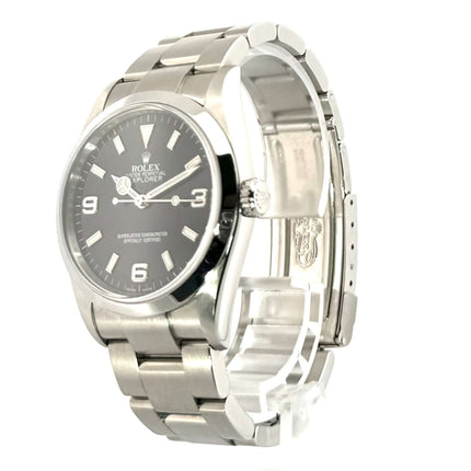 Rolex Explorer I Edelstahl 36 Ref. 114270, poliertes und satiniertes Edelstahlgehäuse und Armband, schwarzes Zifferblatt mit Leuchtziffern.