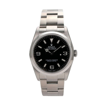 Rolex Explorer I Edelstahl 36 Ref. 114270, schwarzes Zifferblatt, Automatikwerk, Oyster Armband, polierte Lünette.