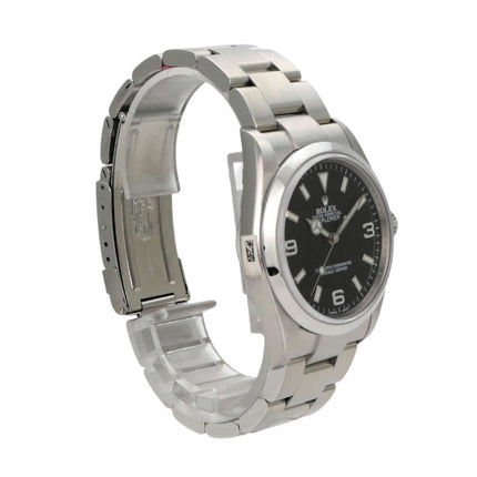 Rolex Explorer I Edelstahl 36 Ref. 114270 mit schwarzem Zifferblatt und Oyster-Armband, poliert und satiniert.