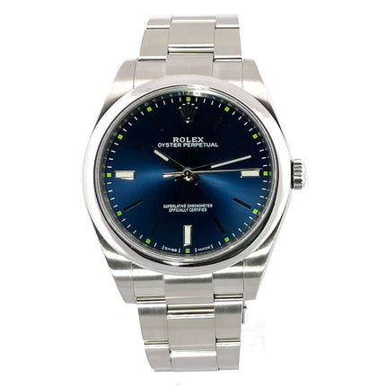 Rolex Oyster Perpetual 39 Ref. 114300 Blaues Zifferblatt, Edelstahlgehäuse und Armband, Saphirglas, 2018, in sehr gutem Zustand mit Box und Papieren