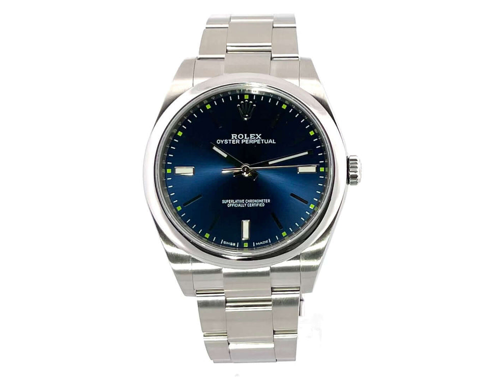 Rolex Oyster Perpetual 39 Ref. 114300 Blaues Zifferblatt, Edelstahlgehäuse und Armband, Saphirglas, 2018, in sehr gutem Zustand mit Box und Papieren