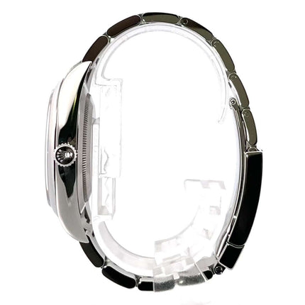 Rolex Oyster Perpetual 39 Ref. 114300 blau, Seitenansicht mit poliertem Edelstahlgehäuse und Oyster Armband, Gebrauchte Uhr in sehr gutem Zustand