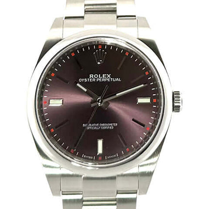 Rolex Oyster Perpetual 39 red grape 114300 aus Edelstahl mit rotem Zifferblatt, Baujahr 2017, Faltschließe, sehr guter Zustand, gebraucht.