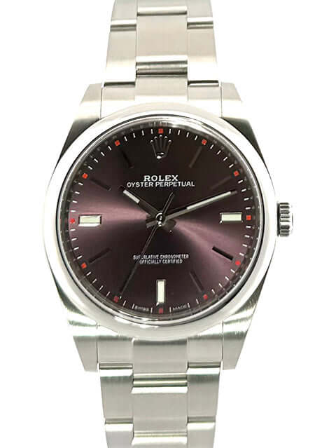 Rolex Oyster Perpetual 39 red grape 114300 aus Edelstahl mit rotem Zifferblatt, Baujahr 2017, Faltschließe, sehr guter Zustand, gebraucht.