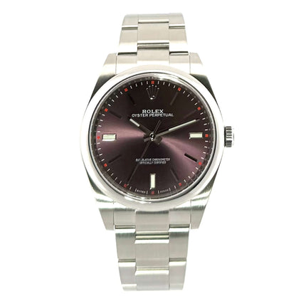 Rolex Oyster Perpetual 39 red grape Zifferblatt, Edelstahlgehäuse, 2017, poliert und satiniert, sehr guter Zustand, Box und Papiere