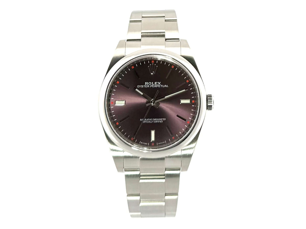 Rolex Oyster Perpetual 39 red grape Zifferblatt, Edelstahlgehäuse, 2017, poliert und satiniert, sehr guter Zustand, Box und Papiere