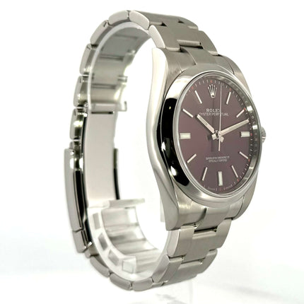 Rolex Oyster Perpetual 39 red grape 114300 aus Edelstahl mit Saphirglas und Oyster Armband, gebrauchte Uhr in sehr gutem Zustand mit Box und Papieren.