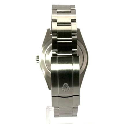 Rolex Oyster Perpetual 39 red grape 114300, Edelstahl Gehäuse und Armband, Rückansicht, poliert und satiniert, Faltschließe, Saphirglas.