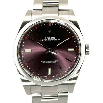 Rolex Oyster Perpetual 39 red grape 114300, Edelstahlgehäuse, rotes Zifferblatt, Edelstahlarmband, Gebrauchte Uhr in sehr gutem Zustand