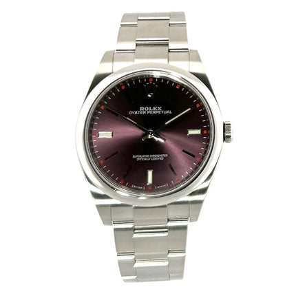 Rolex Oyster Perpetual 39 red grape 114300 Edelstahl, rotes Zifferblatt, Saphirglas, Edelstahlband, sehr guter Zustand, aus 2018 mit Box und Papieren