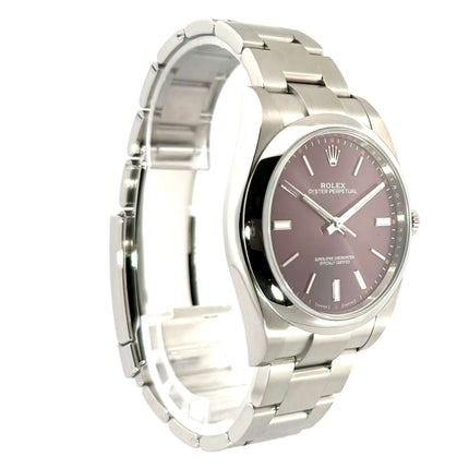 Rolex Oyster Perpetual 39 red grape 114300 aus Edelstahl mit red grape Zifferblatt, poliertem Oyster Armband und Faltschließe, Zustand sehr gut.