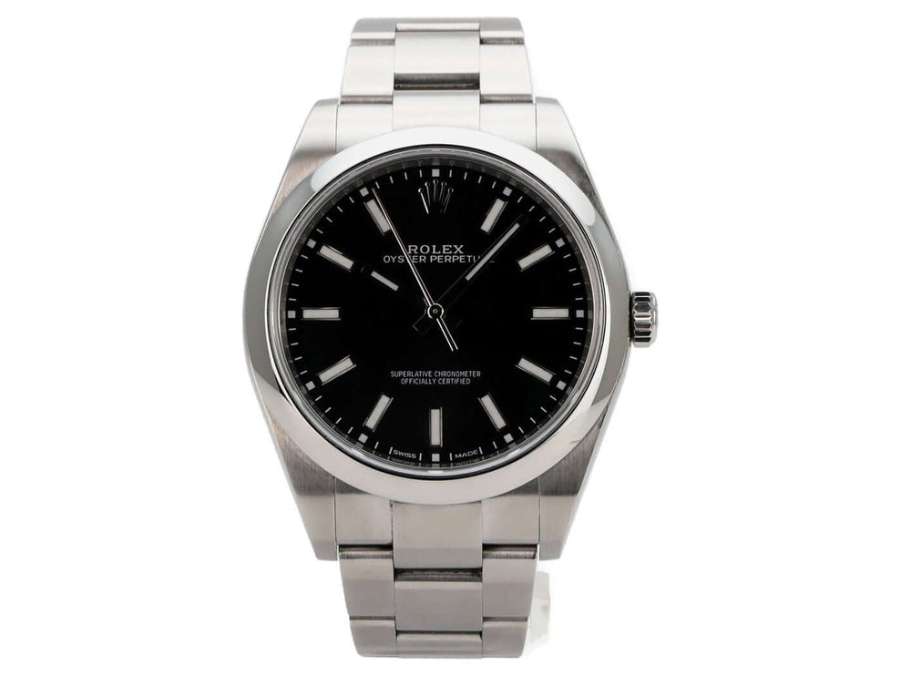 Rolex Oyster Perpetual 39 Schwarz 114300, schwarze Zifferblatt-Uhr mit Edelstahlband, 39 mm, Automatik
