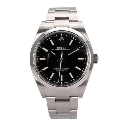 Rolex Oyster Perpetual 39 Schwarz 114300, Edelstahlgehäuse, schwarzes Zifferblatt, Oysterband, Automatik, sehr guter Zustand.