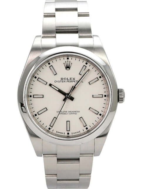 Rolex Oyster Perpetual 39 Ref. 114300 Weiß - Automatik Uhr mit weißem Zifferblatt und Edelstahlband.