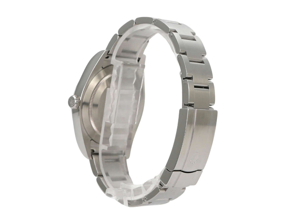 Seitenansicht der Rolex Oyster Perpetual 39 Ref. 114300 Weiß mit Edelstahlband und Automatikwerk.