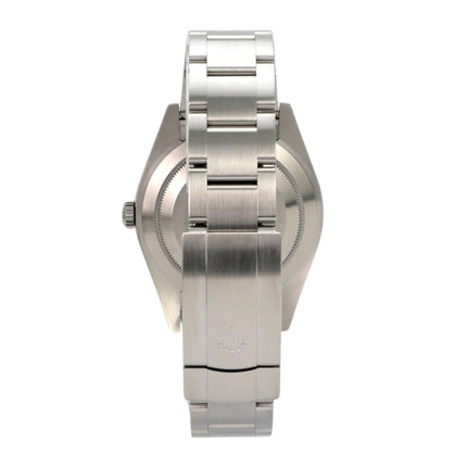 Rolex Oyster Perpetual 39 Ref. 114300 Weiß, Rückansicht mit Edelstahlgehäuse und -band.