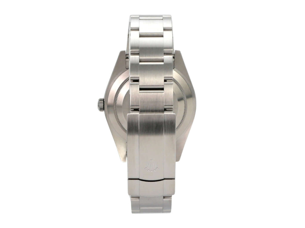 Rolex Oyster Perpetual 39 Ref. 114300 Weiß, Rückansicht mit Edelstahlgehäuse und -band.
