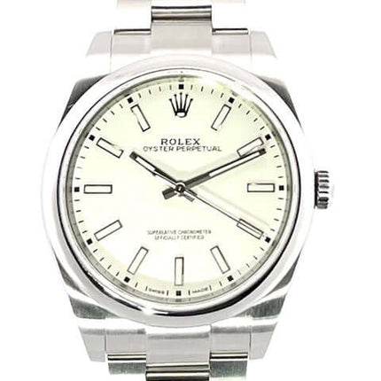Rolex Oyster Perpetual 39 Ref. 114300 Weißes Zifferblatt Edelstahlgehäuse und Armband 2019 Automatik Uhr mit Box und Papieren