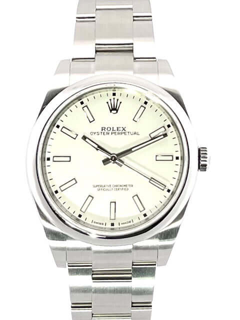 Rolex Oyster Perpetual 39 Ref. 114300 Weißes Zifferblatt Edelstahlgehäuse und Armband 2019 Automatik Uhr mit Box und Papieren
