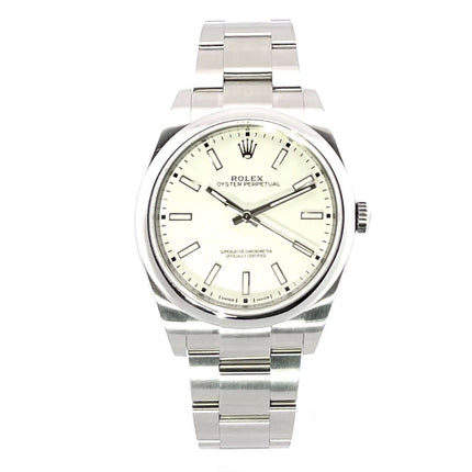 Rolex Oyster Perpetual 39 Ref. 114300 Weiß, 39 mm Edelstahlgehäuse, weißes Zifferblatt, Automatikuhr, Saphirglas, wasserdicht, komplett mit Box und Papieren.