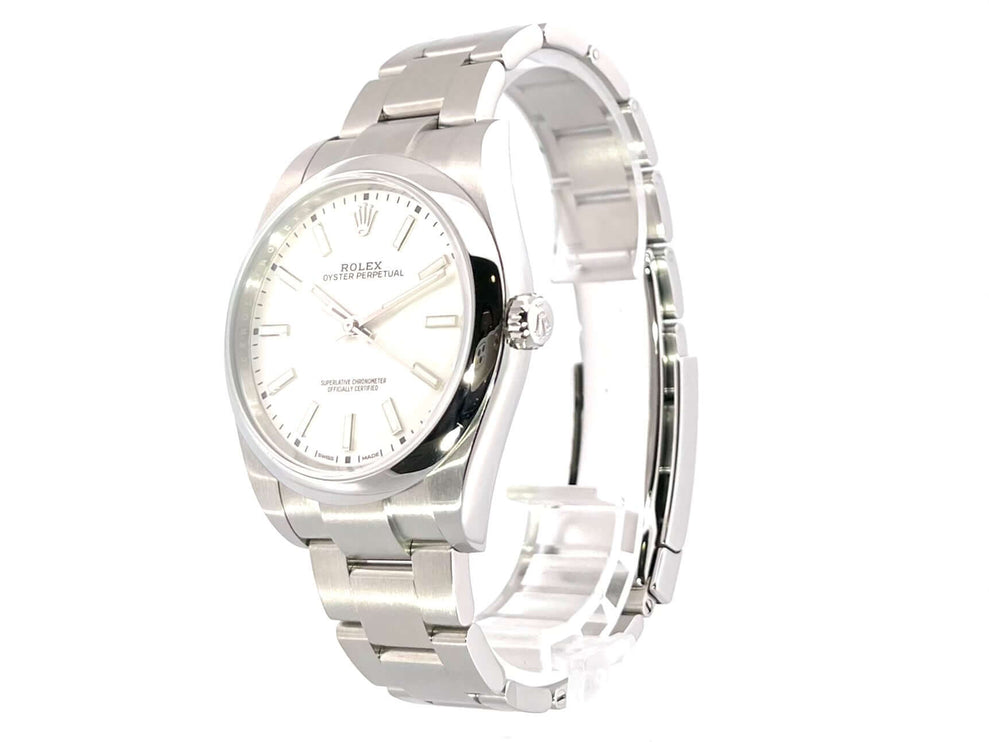 Rolex Oyster Perpetual 39 Ref. 114300 Weiß, Edelstahlgehäuse, 39 mm, weißes Zifferblatt, Oyster Edelstahlband, Automatik, gebrauchtes Modell mit Box.