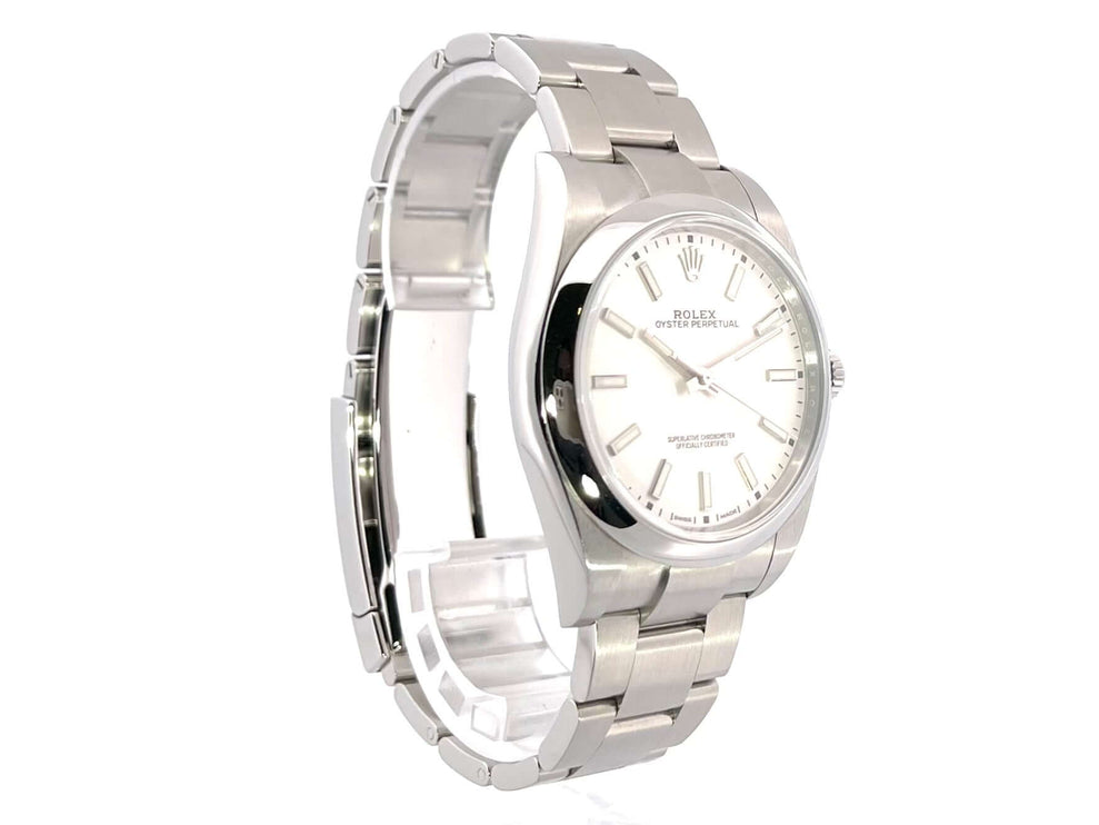 Rolex Oyster Perpetual 39 Ref. 114300 Weiß, Edelstahl, Automatik, 39 mm, weißes Zifferblatt, 2019, Gebraucht, mit Box und Papieren, LC100