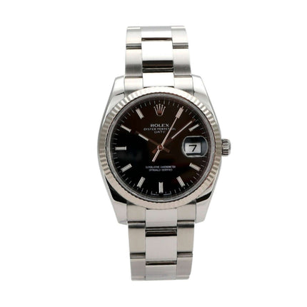 Rolex Oyster Perpetual Date 34 115234 Schwarz mit schwarzem Zifferblatt und Edelstahlband.