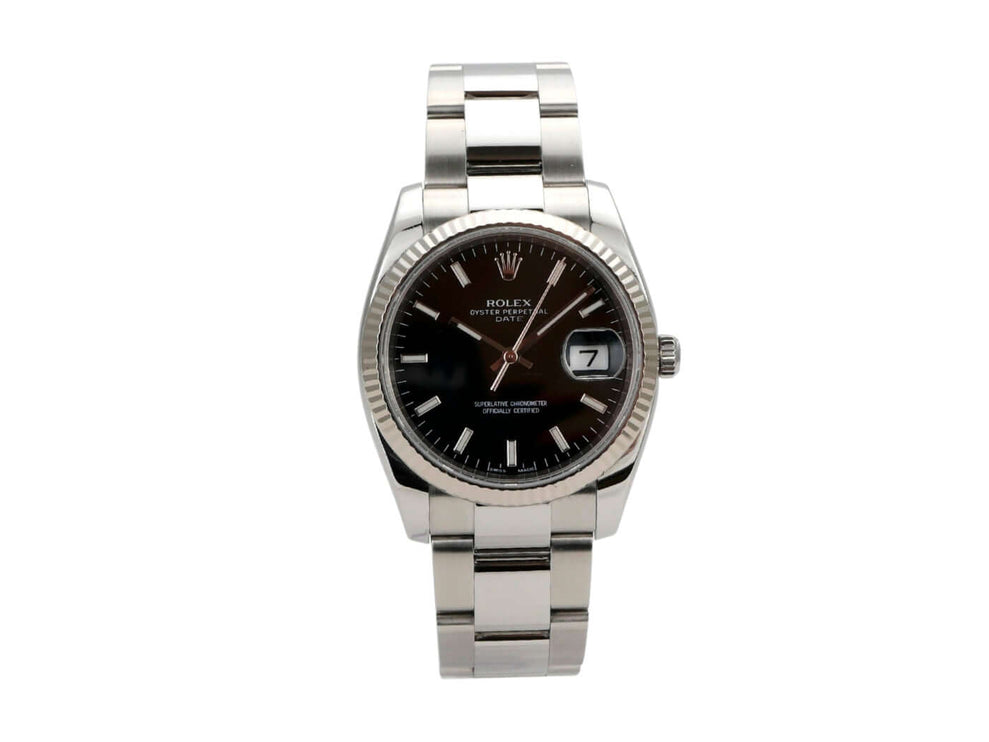 Rolex Oyster Perpetual Date 34 115234 Schwarz mit schwarzem Zifferblatt und Edelstahlband.