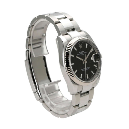 Rolex Oyster Perpetual Date 34 115234 Schwarz mit Edelstahl-Armband und schwarzem Zifferblatt.
