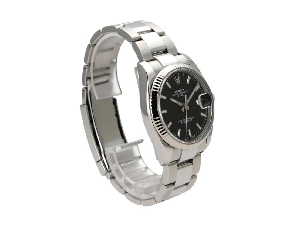 Rolex Oyster Perpetual Date 34 115234 Schwarz mit Edelstahl-Armband und schwarzem Zifferblatt.