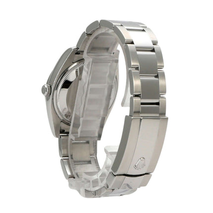 Rolex Oyster Perpetual Date 34 115234 Schwarz Ansicht von der Seite mit Edelstahlband und Gehäuse.