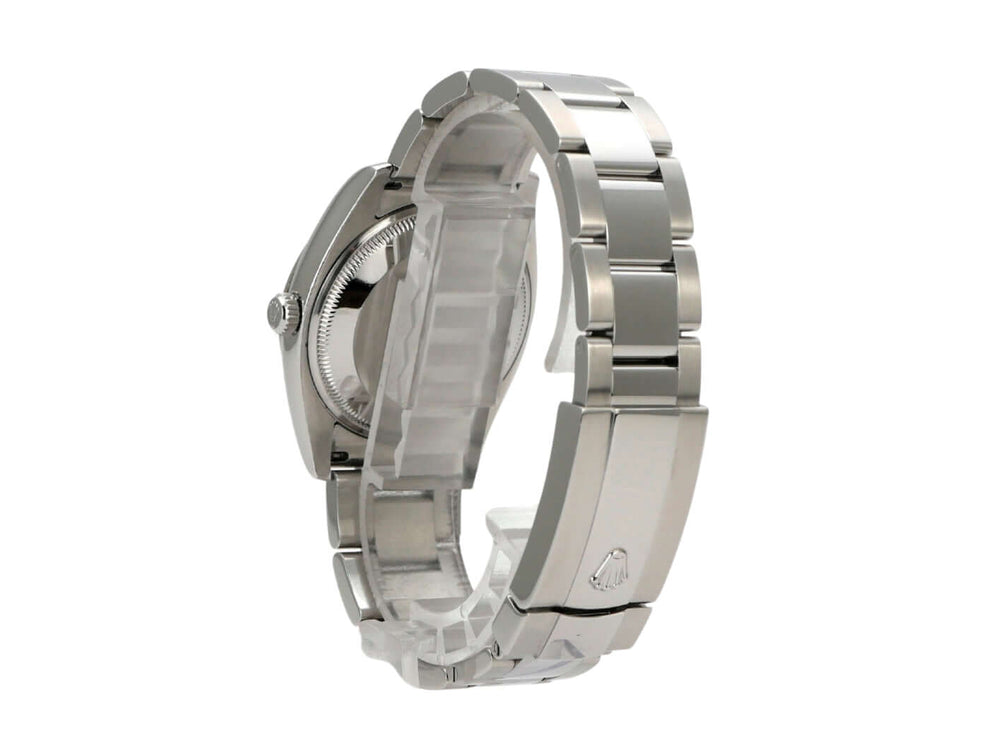 Rolex Oyster Perpetual Date 34 115234 Schwarz Ansicht von der Seite mit Edelstahlband und Gehäuse.