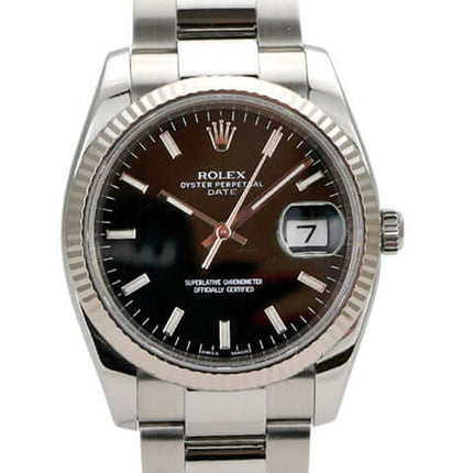 Rolex Oyster Perpetual Date 34 115234 Schwarz mit schwarzem Zifferblatt und Edelstahl-Armband.