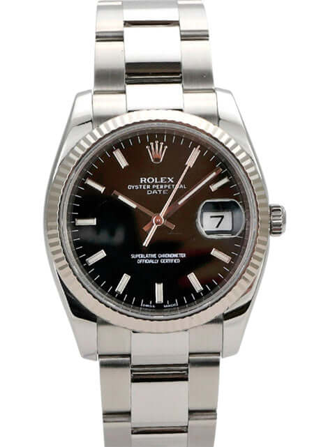 Rolex Oyster Perpetual Date 34 115234 Schwarz mit schwarzem Zifferblatt und Edelstahl-Armband.