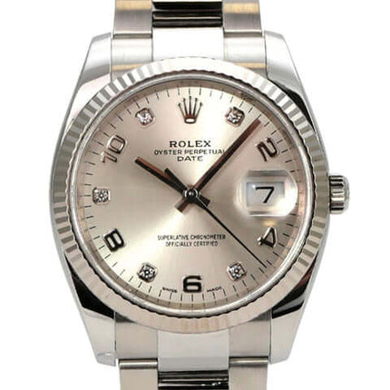 Rolex 115234 Oyster Perpetual Date 34 Silber Diamant mit silbernem Zifferblatt und Diamanten.